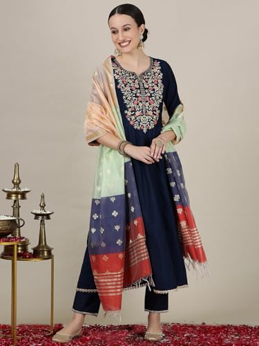 Aurelia Women?? Yarn Dyed Flared Kurta Set With Trousers And Dupatta For Women