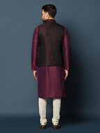 Kisah MenS Maroon Kurta Jacket Churidar Set Cotton Blend, Woven Design, Full Sleeves, Straight, Regular Fit, Mandarin Collar, E