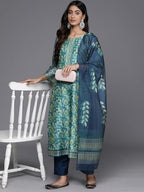 Varanga Women Blue Floral Printed Kurta, Round Neck Straight Kurta Paired With Tonal Bottom And Printed Dupatta.