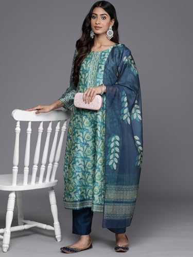 Varanga Women Blue Floral Printed Kurta, Round Neck Straight Kurta Paired With Tonal Bottom And Printed Dupatta.