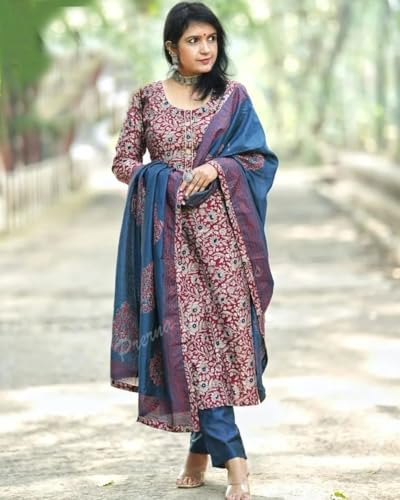 ANNI DESIGNER Womens Rayon Blend Straight Printed Kurta with Pant & Dupatta (Parimat Red_L_Red_Large)