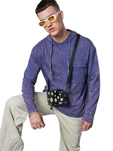 Bewakoof Mens Self Design Oversized Fit Full Sleeve Cotton Acid Wash Hoodie T-Shirt_617085_Blue_XL