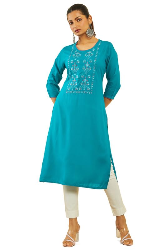 Soch Women Rayon Slub Floral Embroidered Kurta with Contrast Piping