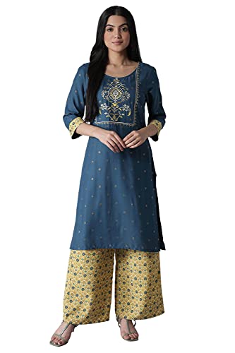 Blue Embroidered Mughal Print Kurta-Palazzos Set