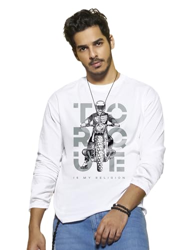 Bewakoof MenS Printed Regular Fit Full Sleeve Round Neck Cotton T-Shirt_ 459653_White_L