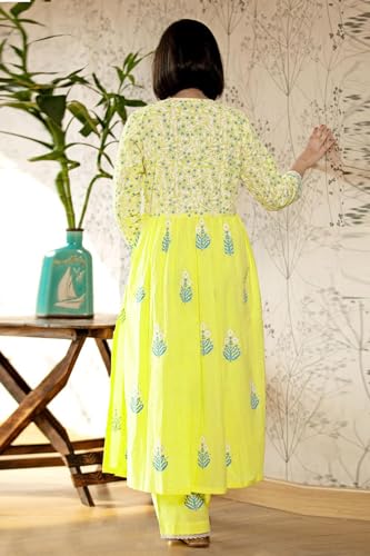 ANNI DESIGNER Womens Rayon Blend Anarkali Printed Kurta with Pant & Dupatta (Renu-Yellow-NW_XXL_Yellow_XX-Large)