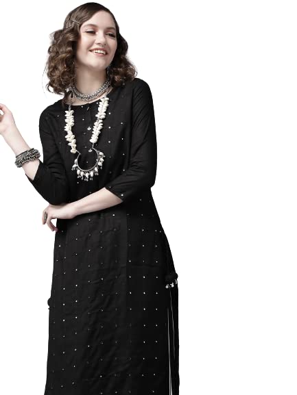 Ishin Women'S Viscose Rayon A-Line Embellished Kurta Kpm-12056_S_Black
