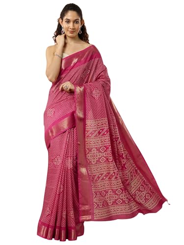 Coral Bandhani Printed Silk Blend Saree With Unstitched Blouse Piece