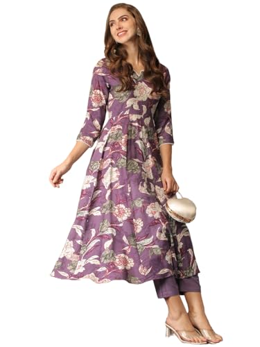 ANNI DESIGNER Womens Cotton Blend Anarkali Printed Kurta with Pant (Damian Purple_3XL_Wine_XXX-Large)