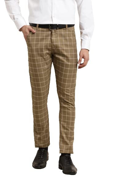 SOJANYA (Since 1958 Mens Cotton Blend Khaki & OffWhite Checked Casual Trousers:Size-34