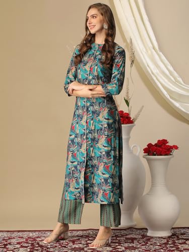 ANNI DESIGNER Womens Cotton Blend Straight Printed Kurta with Pant (BBCom Blue-NJ_M_Blue_Medium)