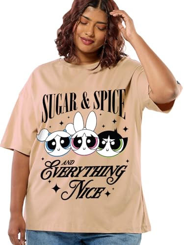 Bewakoof Official Cartoon Network Merchandise Powerpuff Girls WomenS Graphic Print Oversized Fit Half Sleeve Round Neck Pure Cot