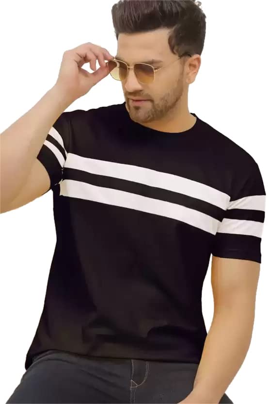 LookMark Mens Stylish Lycra Blend Printed Striped Polo Tshirt (NEW-MT10-XXL) Black