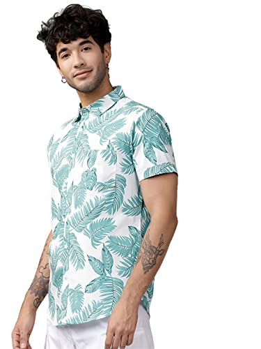LookMark Mens Cotton Blend Stitched Solid Half Sleeve Regular Fit Shirt(Printed Regular Fit Shirt Green Leaf-S)