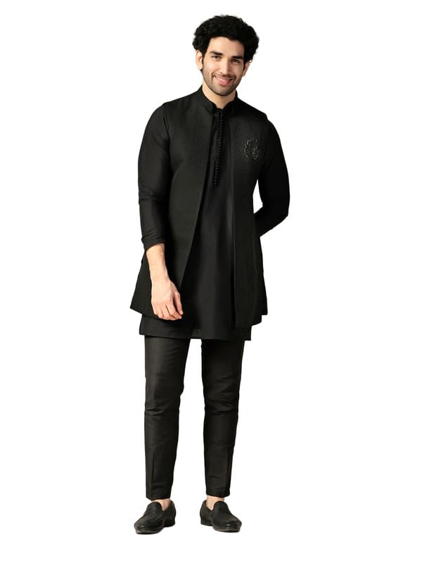 Kisah MenS Kurta Jacket Trouser Set, Black Silk Blend, Jacquard Regular Fit Mandarin Collar Long Sleeves (40)