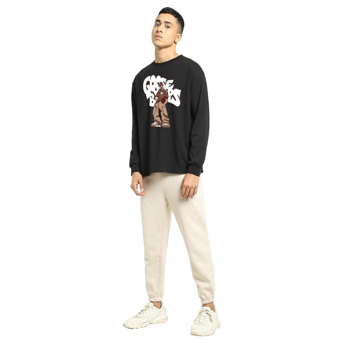 Bewakoof Mens Goosebumps Graphic Printed Cotton T-Shirt - Loose Fit, Crew Neck, Long Sleeves Black