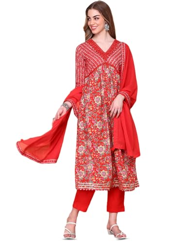 Ishin V-Neck Floral Printed Empire Pure Cotton A-Line Kurta With Trousers & Dupatta | Kurta Set For Women | Kurta With Trousers 