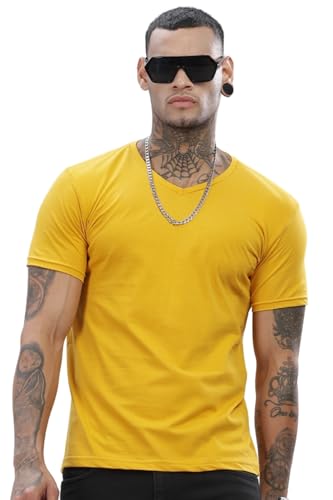ADRO Mens V Neck Solid Cotton T-Shirt (VN-M-PLN-MU_Mustard_2XL)