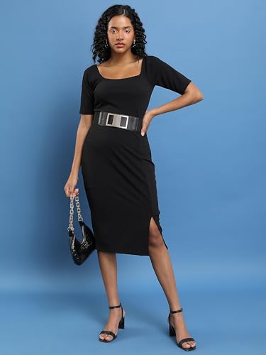 Ketch WomenS Cotton Blend Bodycon Solid Dress Knee-Length Khj6000613_Black