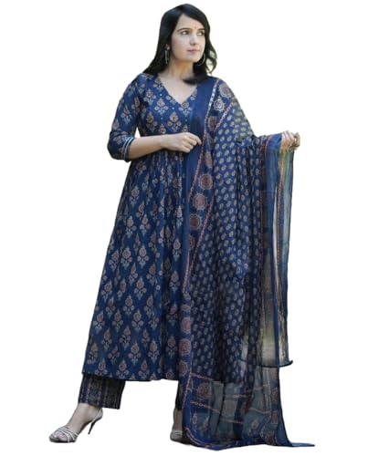 ANNI DESIGNER Womens Rayon Blend Printed Anarkali Kurta with Pant & Dupatta (AMPM Blue_M_Blue_Medium)