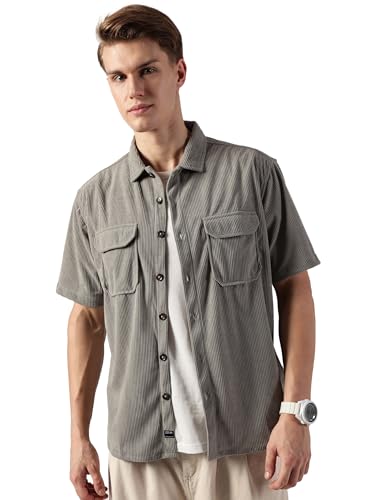 Thomas Scott MenS Regular Fit Half Sleeve Corduroy Casual Shirt(Ts1629_Grey_L)
