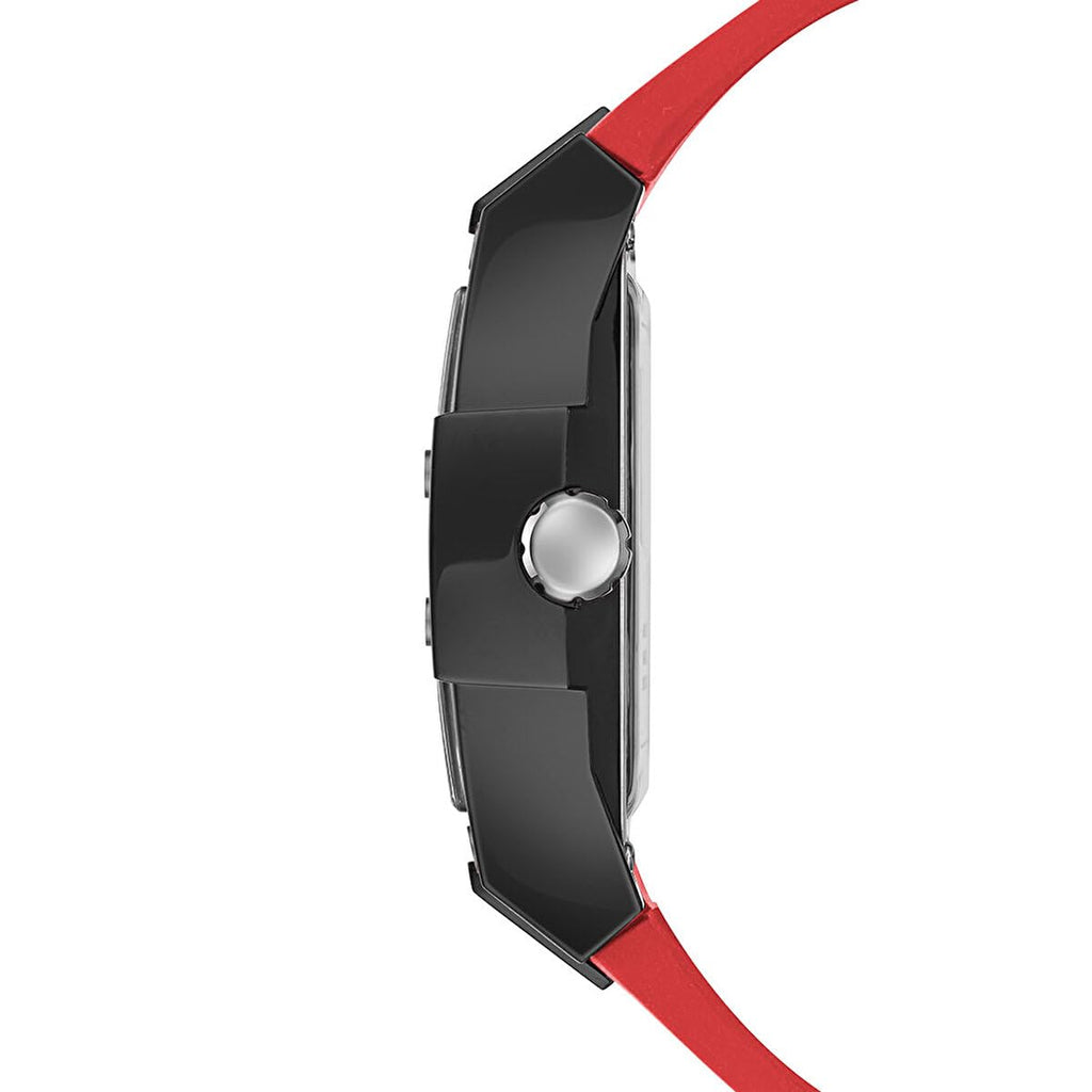 GUESS Mens Casual Multifunction 43mm Watch - Black Polycarbonate Case with Black Skeleton Dial & Red Silicone Strap