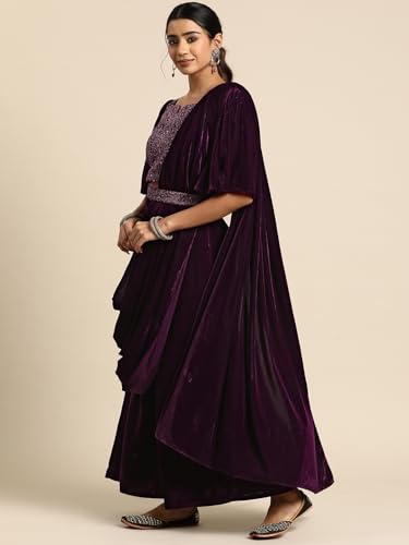 Libas WomenS Velvet Saree (34768_Wine)