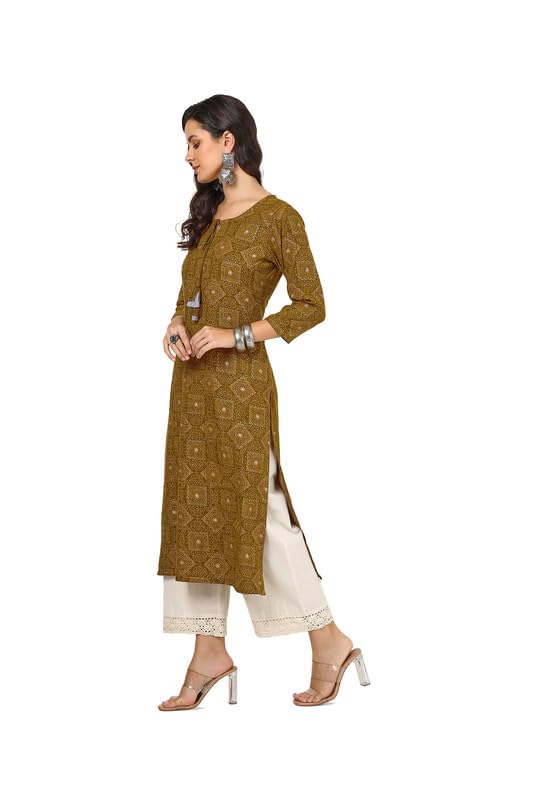 Soch Womens Mustard Rayon Bandhani Print Kurta With Tassels