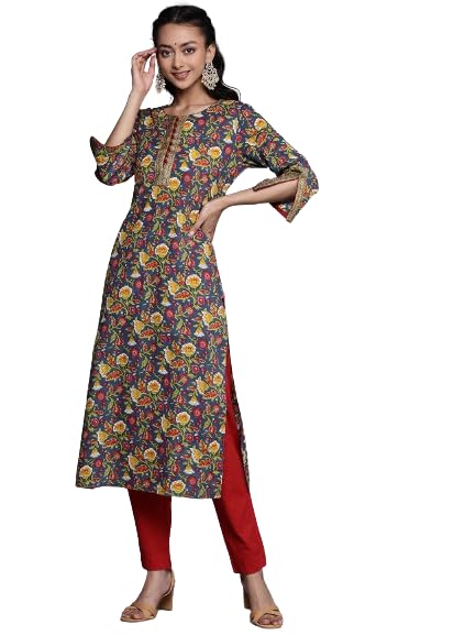 Varanga Women Navy Blue Floral Printed Straight Kurta.