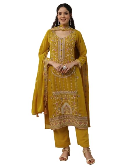Libas Art Embroidered Georgette Straight Kurta Set For Women (49838Am)
