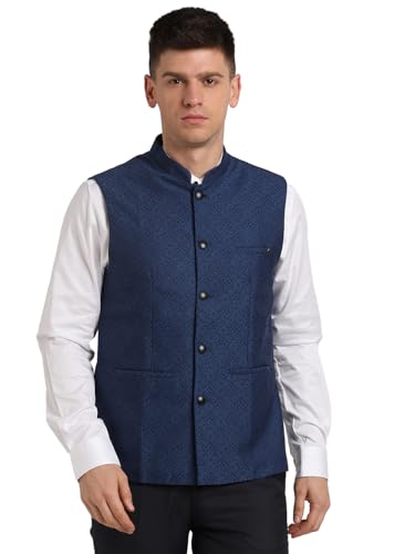 Turtle Men Blue Polyviscose Jacquard Print Party Nehru Jacket
