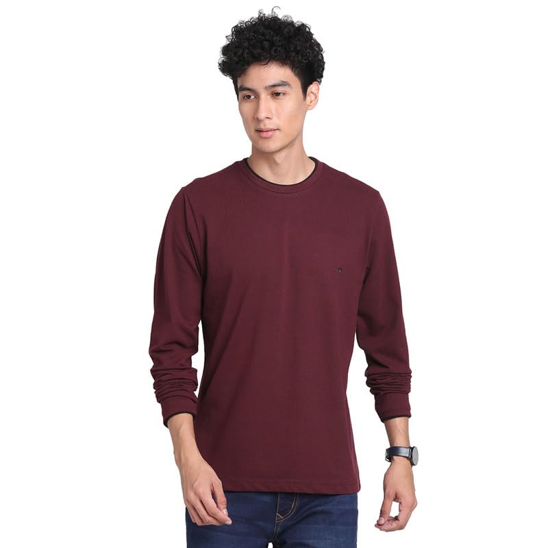 Turtle Men Poly Cotton Maroon Dobby Crew Neck Full Sleeve Casual T-Shirt