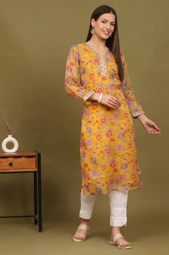 W For Woman Yellow Floral Printed Straight Kota Kurta