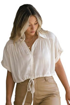 ANNI DESIGNER Womens Short Sleeve Shirt Vintage V-Neck Cotton Blend Solid Regular Buttons Top (LILO White_XXL_White_XX-Large)