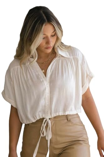 ANNI DESIGNER Womens Short Sleeve Shirt Vintage V-Neck Cotton Blend Solid Regular Buttons Top (LILO White_XXL_White_XX-Large)