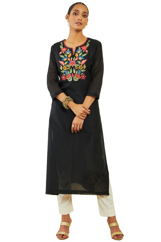 Soch Womens Black Chanderi Floral Embroidered Straight Kurta