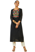 Soch Womens Black Chanderi Floral Embroidered Straight Kurta