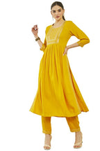Soch Womens Mustard Rayon Slub Sequin Embroidered Nyra Cut Kurta Sets