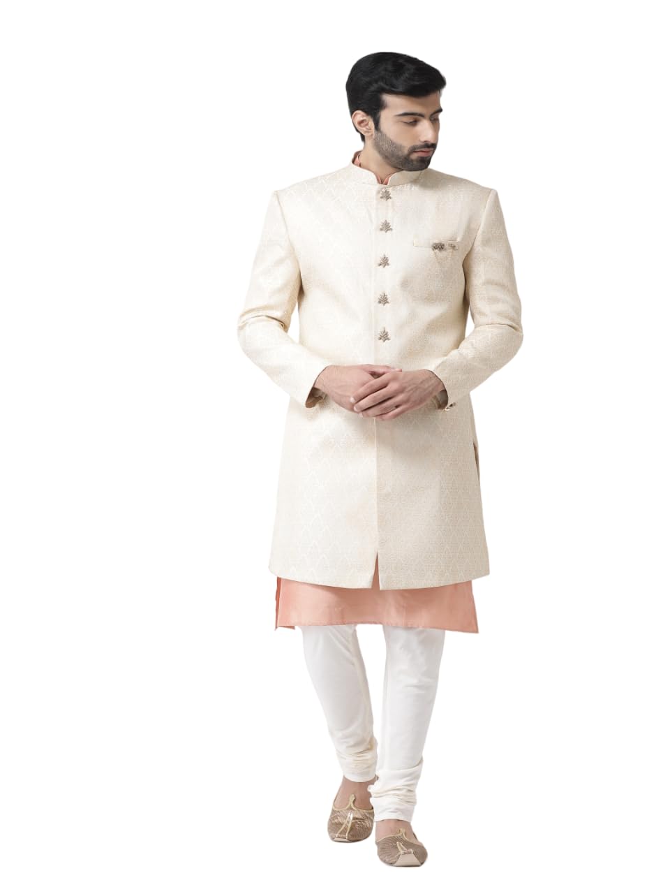 Kisah MenS Kurta Indo-Western Sherwani Churidar Set, Cream Brocade, Ethnic Motifs Regular Fit Mandarin Collar Full Sleeves (M),