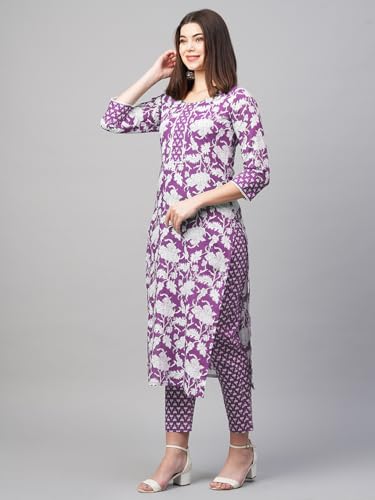 ANNI DESIGNER Womens Rayon Blend Printed Straight Kurta with Pant (Pustak Begani_S_Begani_Small)
