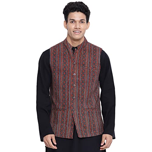 Fabindia Men Cotton Printed Nehru Jacket Red_Xl