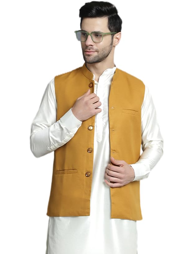 Jompers Mustard Men Solid Nehru Jacket (Mustard, M)