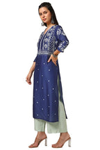 Soch Womens Navy Blue Muslin Blend Kurta With Mirror Work