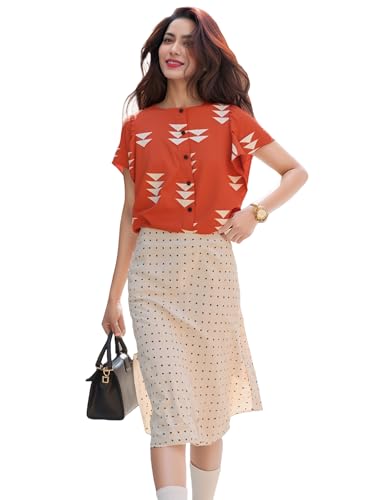Gosriki WomenS Short Sleeve Shirt Vintage Boat Neck Rayon Blend Printed Regular Buttons Top (Carter Orange-Gs_Xl_Orange_X-Large