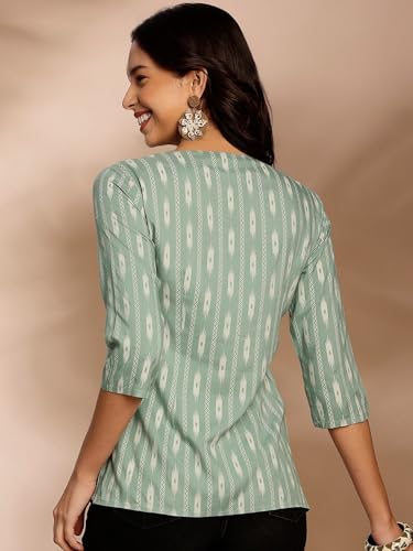 Pinkmint Womens Printed Cotton Blend Short Kurti with 3/4th Sleeve & Notch Neck l Casual & Office Wear Tunic Shirt Kurti
