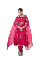 Varanga Women Fuchsia Pink Embroidered Scallop Detail Kurta Paired With Bottom And Dupatta