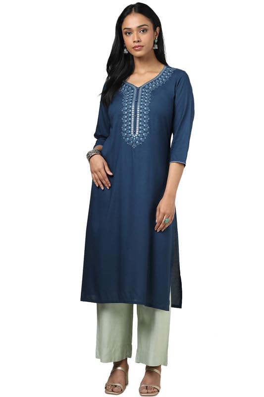Soch Womens Blue Rayon Embroidered Kurta With Faux Mirror