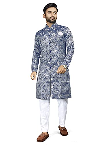 N.B.F Fashion Cotton Blend Mens Ethnic Wear Blue Relaxed Fit Kurta Pajama Sherwani Set (Medium)