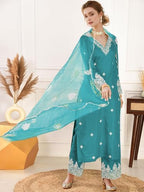 Shienzy WomenS Embroidered Chanderi Kurta Pant Set With Net Dupatta | V Neck, 3/4 Sleeve Ethnic Set | Outfit For Office Wear (1
