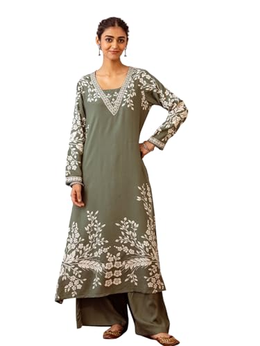 Ishin Green Floral Printed A-Line Kurta With Palazzo